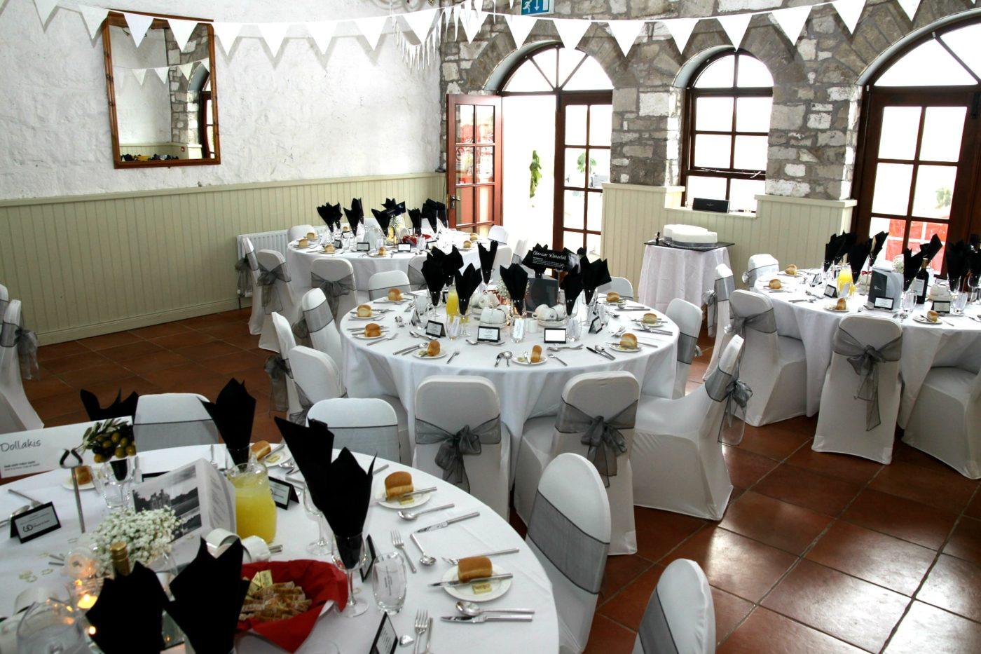 The Coach House at Blessingbourne decorated for a wedding reception 